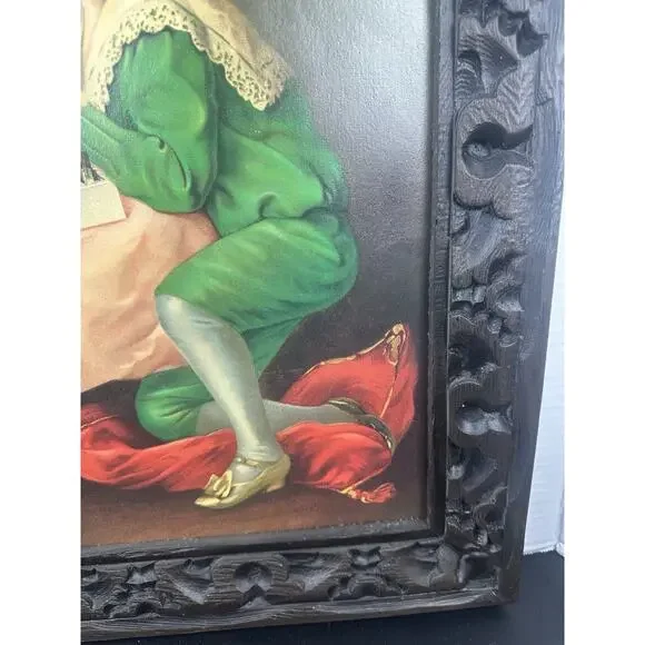 Vintage Victorian Lithograph Boy & Girl Print In Solid Wood Frame 20” X 24”